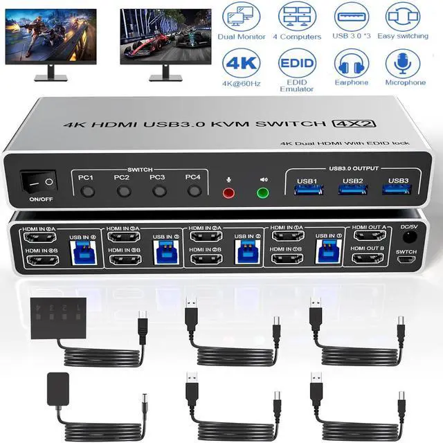 IHDAPP USB 3.0 HDMI KVM Switch 2 Monitors 4 Computers Supports EDID 4K 60Hz Dual Monitor HDMI KVM Switch 4 in 2 Out with Audio Microphone and 3 USB 3.0 Ports 4 Port Dual HDMI Monitor Switch for 4PC