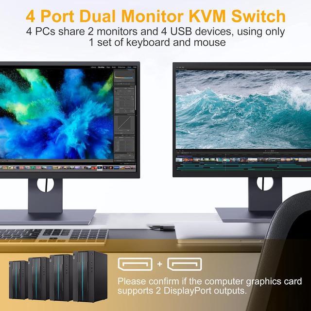 IHDAPP USB 3.0 KVM Switch 2 Monitors 4 Computers Displayport 8K 60Hz 4K 144Hz Dual Monitor Displayport KVM Switch 4 Port With USB 3.0 4x2 DP 1.4 KVM Switch For 2 PC/Laptop Shares One Mouse Keyboard