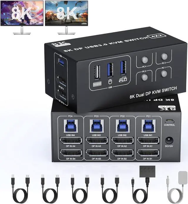IHDAPP USB 3.0 KVM Switch 2 Monitors 4 Computers Displayport 8K 60Hz 4K 144Hz Dual Monitor Displayport KVM Switch 4 Port with USB 3.0 4x2 DP 1.4 KVM Switch for 2 PC/Laptop Shares One Mouse Keyboard