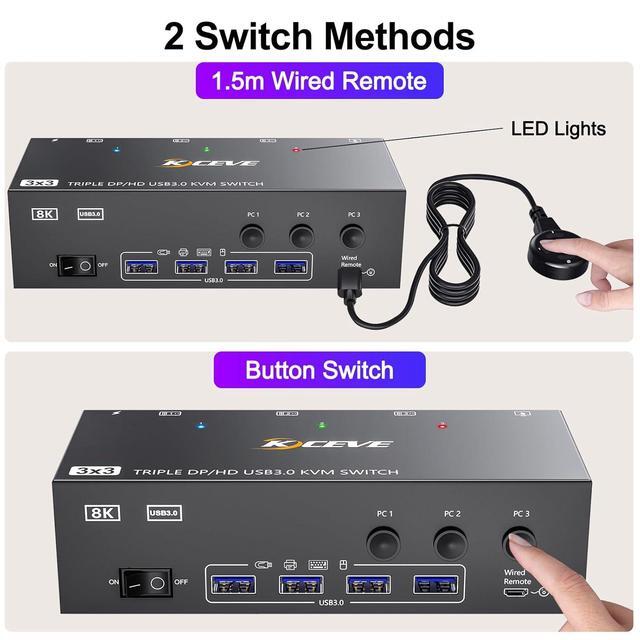 IHDAPP USB 3.0 KVM Switch 3 Monitors 3 Computers Triple Monitors HDMI+DP+DP KVM Switch 2 Displayport + HDMI KVM Switch 8K 60Hz For 3 Computers Share Mouse Keyboard Wired Remote And 3 USB Cable