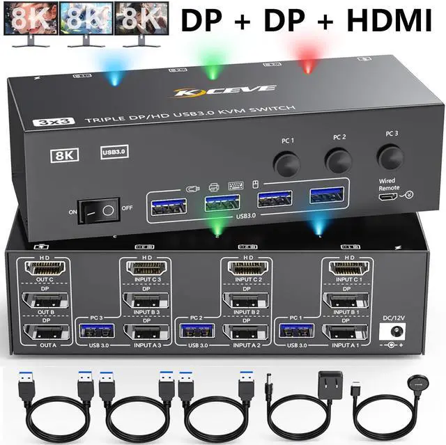 IHDAPP USB 3.0 KVM Switch 3 Monitors 3 Computers Triple Monitors HDMI+DP+DP KVM Switch 2 Displayport + HDMI KVM Switch 8K 60Hz for 3 Computers Share Mouse Keyboard Wired Remote and 3 USB Cable