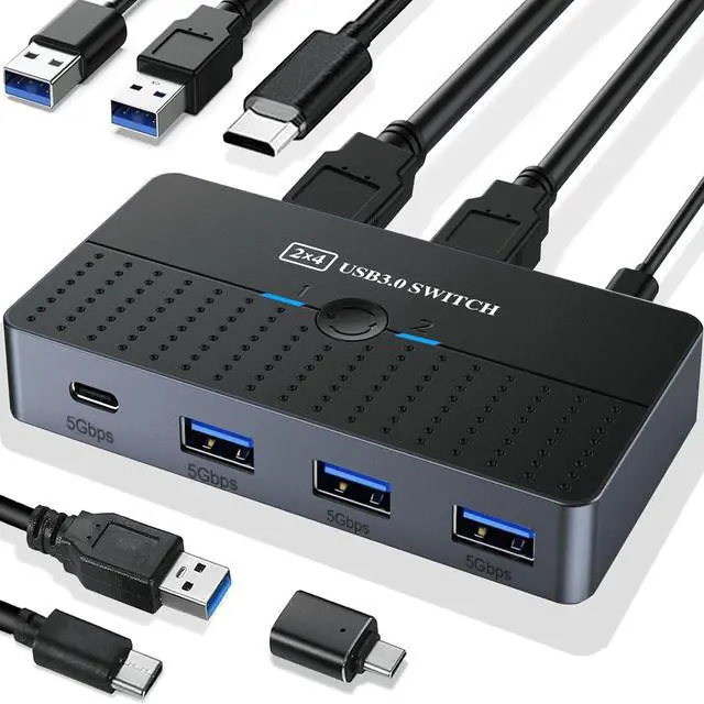 IHDAPP USB 3.0 Switch 2 Computers Sharing USB C & A Devices 4 Ports USB Switcher 2 in 4 Out for PC Laptop Mouse Keyboard Printer KVM Switch Selector with 3 USB Cables/1x USB A to USB-C Adapter