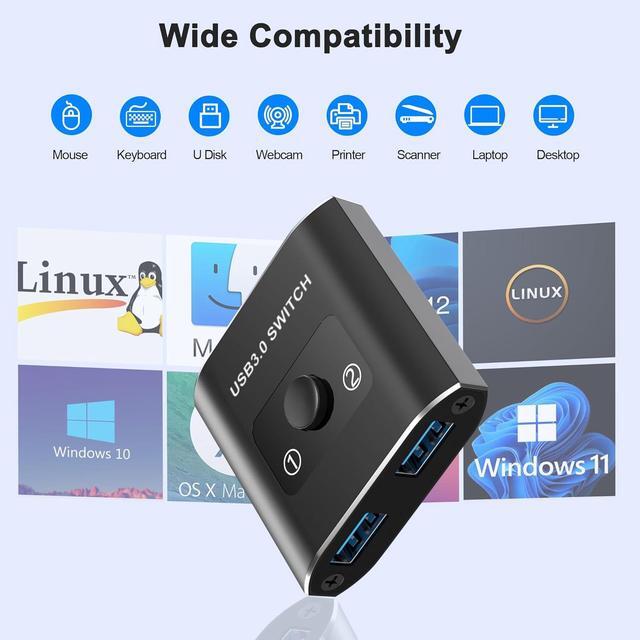 IHDAPP USB 3.0 Switch Bi-Directional USB Switcher USB Splitter 1 In 2 Out/2 In 1 Out Aluminum USB Switch 2 Computers Share 1 Device For Printer Mouse Keyboard USB Switch With 2 USB 3.0 Cables