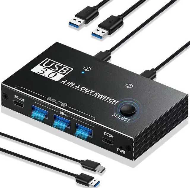 IHDAPP USB 3.0 Switch USB Switcher for 2 Computers Sharing 3x USB Type A and 1x USB C Port Hub PC Mouse Keyboard Hard Drives Printer One Button Switch Adapter with Windows Mac Linux with USB Cable