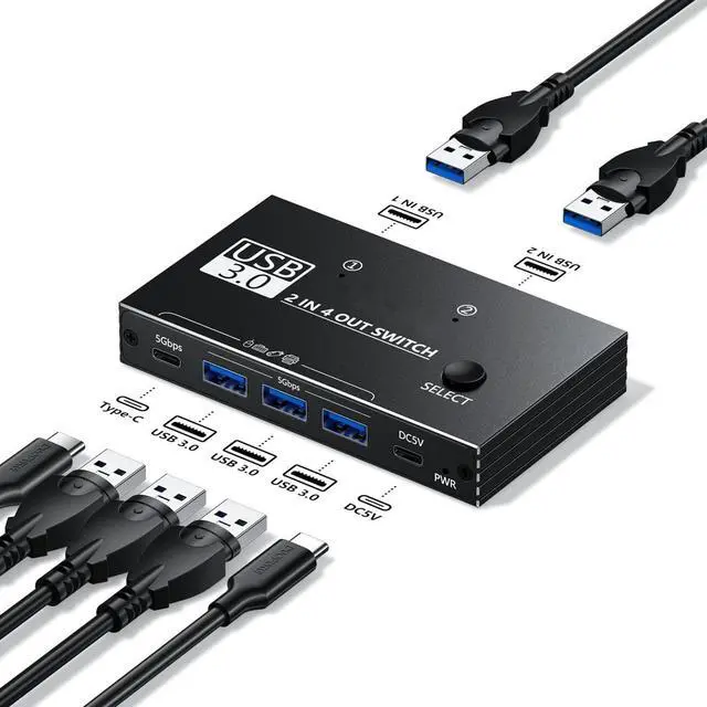 IHDAPP USB 3.0 Switcher for 2 Computers Sharing USB C & A Devices 4 Port USB 3.0 Switch Selector 2 in 4 Out USB Switch Sharing Keyboard and Mouse Scanner/Printer with 2 USB-A to A Cables