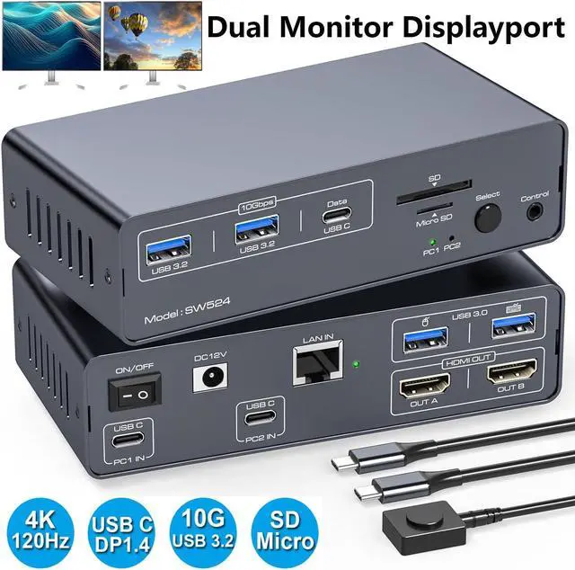 IHDAPP USB 3.2 USB C Displayport KVM Switch Docking Station 4K 120Hz Type C + Displayport KVM Switch Dual Monitor Displayport for 1 Laptop 1 Desktop Share 2 Monitors and USB Devices 13-in-1 Dock