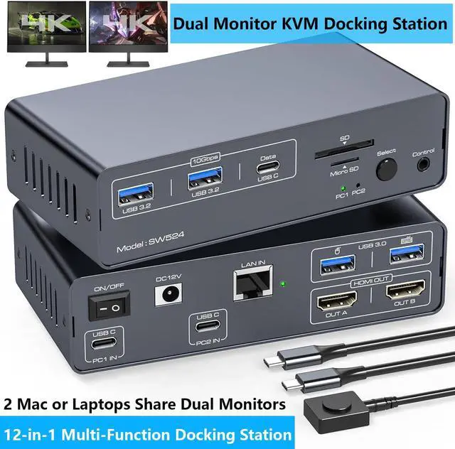 IHDAPP USB C Docking Station with KVM Switch 2 Monitors 2 Computers 4K 60Hz HDMI EDID KVM Switches Dual Monitor for 2 Mac or Laptops Share a 1G Ethernet & 5 USB A/C Devices and SD/MicroSD Card Slots