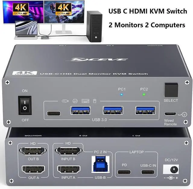 IHDAPP USB C KVM Switch 4K 60Hz USB C HDMI Dual Monitor KVM Switch for 1 PC and 1 Laptop Sharing 2 Monitor and 4 USB3.0 Devices 100W PD for Laptop with Wired Remote Control and USB Cables Included