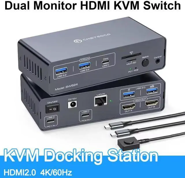 IHDAPP USB C Thunderbolt 3 KVM Switch for Laptop with Dual HDMI Monitor 4K 60Hz 12 in 1 USB C HUB KVM Docking Station with 10Gbps USB 3.2 Ports 1000Mbps Ethernet Port for 2 Laptop Share 2 Monitors