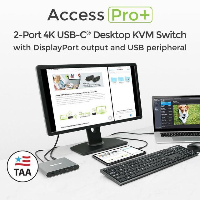 IOGEAR Access Pro Plus 2-Port USB-C KVM Switch 1 Monitor 2 Computers 4K 60Hz DisplayPort Output 4-Port USB Hub 100W Power Thunderbolt 3/4 Compatible Remote Switch GCS1602CC