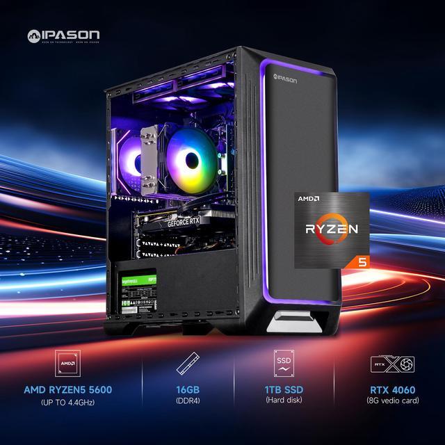 IPASON Gaming Desktop AMD Ryzen 5 5600 NVIDIA RTX 4060 8GB 16GB DDR4 RAM 1TB M.2 NVMe SSD Windows 11 Home WIFI Air Cooler ARGB Fans Pc For Gaming Design Office Prebuilt Gaming Pc