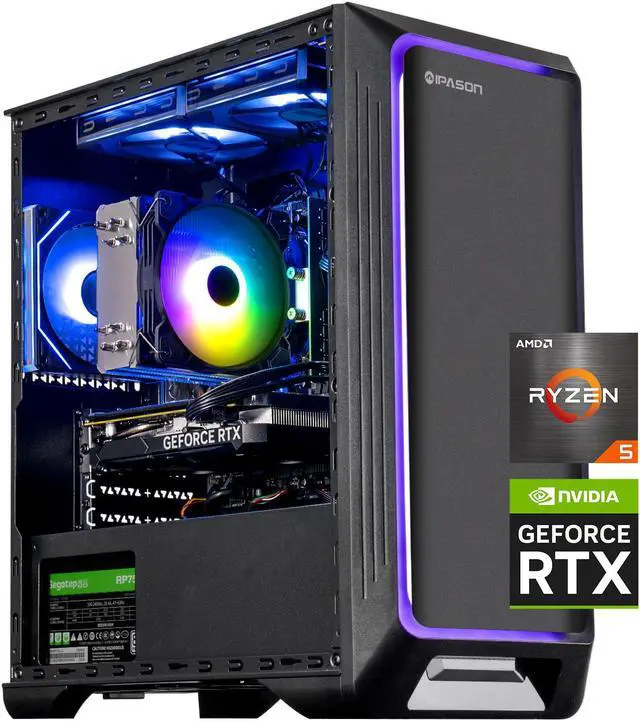IPASON Gaming Desktop AMD Ryzen 5 5600 NVIDIA RTX 4060 8GB 16GB DDR4 RAM 1TB M.2 NVMe SSD Windows 11 home WIFI Air Cooler ARGB Fans Pc for Gaming Design Office Prebuilt Gaming Pc