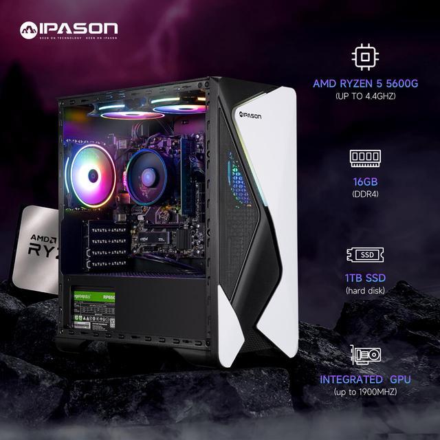 IPASON - Gaming Desktop - AMD Ryzen 5 5600G 6 Core Up To 4.4GHz - 16GB DDR4 3200MHz - 1TB M.2 NVMe - 550W PSU - Windows 11 Home - WIFI - Gaming PC
