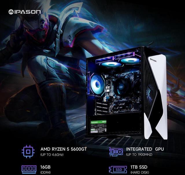 IPASON - Gaming Desktop - AMD Ryzen 5 5600GT 6 Core Up To 4.6GHz - 16GB DDR4 3200MHz - 1TB M.2 NVMe - 550W PSU - Windows 11 Home - WIFI - Gaming PC
