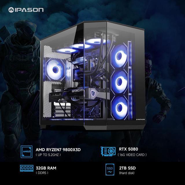 IPASON Gaming Desktop AMD Ryzen7 9800X3D NVIDIA RTX5080 16G 32GB DDR5 RAM 2TB M2 NVMe X870-P Windows 11 WIFI 360mm Liquid Cooler ARGB Fans AI Ready 1250W Gold PSU Prebuilt Gaming Pc