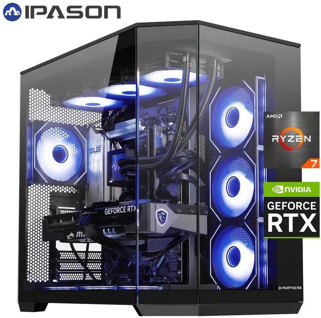 IPASON Gaming Desktop AMD Ryzen7 9800X3D NVIDIA RTX5080 16G 32GB DDR5 RAM 2TB M2 NVMe X870-P Windows 11 WIFI 360mm Liquid Cooler ARGB Fans AI Ready 1250W Gold PSU Prebuilt Gaming Pc