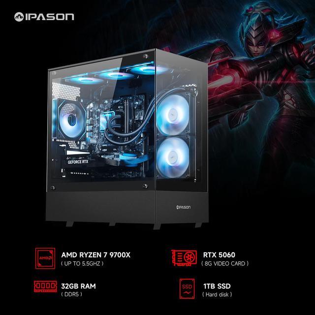 IPASON Gaming Desktop PC Ryzen7 9700X Geforce RTX 5060 8G MSI B650M 32GB DDR5 1TB NVMe SSD 650W GOLD PSU Wi-Fi Liquid Cooler ARGB Fans Windows 11 Prebuilt Gaming Pc New Compute