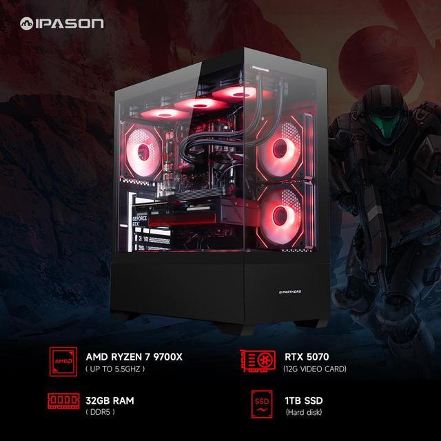 IPASON Gaming Desktop Ryzen 7 9700X NVIDIA RTX5070 12GB 32GB DDR5 RAM 1TB M.2 NVMe Windows 11 Home WIFI 360MM Liquid Cooler ARGB Fans AI Ready 850W Gold PSU Prebuilt Gaming Pc