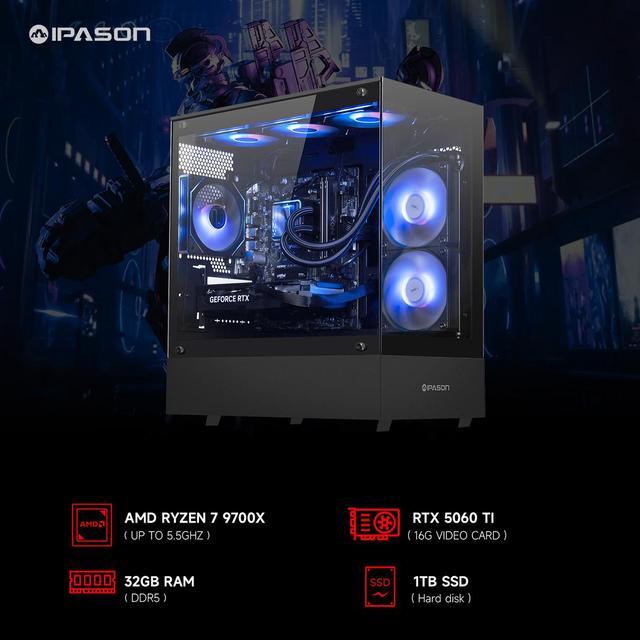 IPASON Gaming PC AMD Ryzen7 9700X Geforce RTX5060 Ti 16G 1TB NVME SSD 32GB DDR5 RAM 650W GOLD PSU 240MM AIO Liquid Cooler MSI B650M Windows 11 WIFI Prebuilt Gaming Pc New Computer