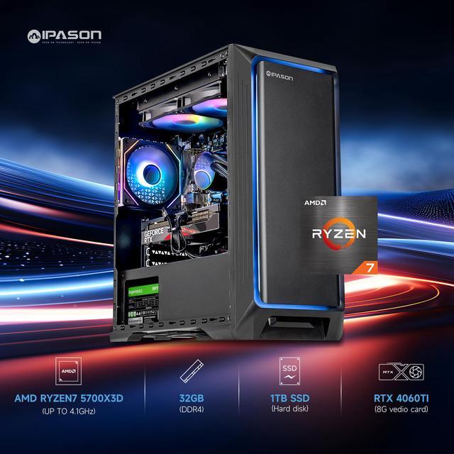 IPASON Gaming PC Desktop Ryzen7 5700X3D (8 Core Up To 4.1GHz) NVIDIA RTX4060TI 1TB NVME SSD 32GB DDR4 RAM 650 PSU Windows 11 Home 64-bit