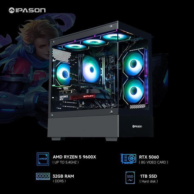 IPASON Xelra Gaming Desktop PC AMD Ryzen5 9600X Geforce RTX 5060 8G 32GB DDR5 1TB NVMe SSD Wi-Fi Windows 11 Home Black Prebuilt Pc Computer