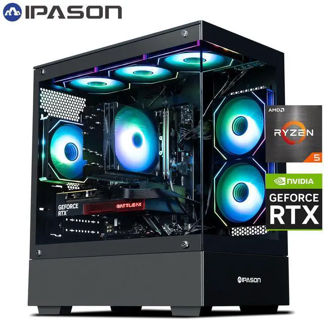 IPASON Xelra Gaming Desktop PC AMD Ryzen5 9600X Geforce RTX 5060 8G 32GB DDR5 1TB NVMe SSD Wi-Fi Windows 11 Home Black Prebuilt Pc Computer