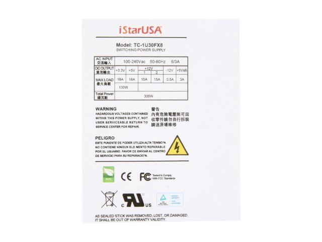 IStarUSA TC-1U30FX8 20+4Pin 300W Single 1U Flex ATX 80 Plus High Efficiency Power Supply - OEM