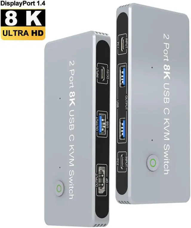 Jansicotek 2 Port USB C KVM Switch 8K 60Hz KVM Switch Displayport 2 in 1 Out. KVM Switch for 2 Computer Share 1 Monitor and USB 3.0 Hub Button Switch Support 8K 60Hz 4K 144Hz 3D 1080P