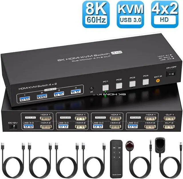 Jansicotek [2HDMI +USB] Dual Monitor KVM Switch HDMI2.1 Support 8K 60Hz USB 3.0 HDMI KVM Switch 2 Monitors 4 Computers with Cables Digital Display Wired Remote