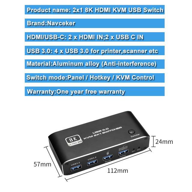 Jansicotek 2x1 HDMI KVM Switch 2 Port 8K 60Hz 4K 120/144Hz 2 Computers Sharing 1 Monitor Keyboard Mouse Peripherals Selector Box