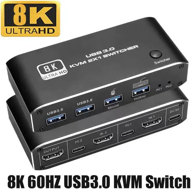 Jansicotek 2x1 HDMI KVM Switch 2 Port 8K 60Hz 4K 120/144Hz 2 Computers Sharing 1 Monitor Keyboard Mouse Peripherals Selector Box
