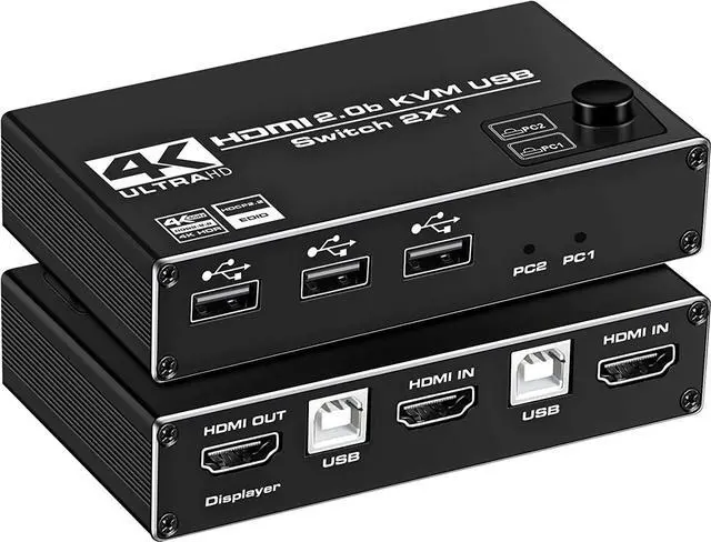 Jansicotek 2x1 USB HDMI KVM Switch 2 Port 4K 60Hz 2K 120/144Hz 2 Computers Sharing 1 Monitor and 3USB2.0 Ports Keyboard Mouse Peripherals Selector Box