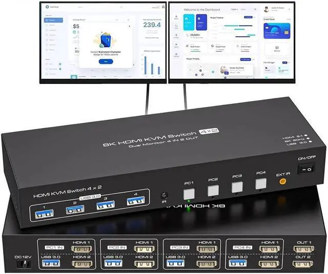Jansicotek 4 Computers 2 Monitors HDMI KVM Switch 8K 60Hz EDID Digital Display and Aluminum Shell 4 X USB 3.0 Hub Support Extended & Duplicate Mode