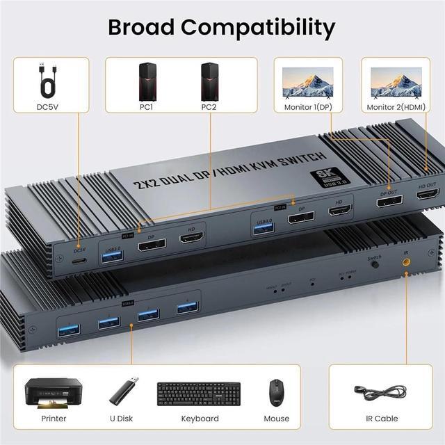 Jansicotek 4K 120Hz HDMI+DP Exclusive KVM Switch 2 Computers Share 2 Monitors And 4 USB 3.0 Hub 8K 60Hz HD2.1 DP1.4 Dual Monitor KVM Switch Plug And Play