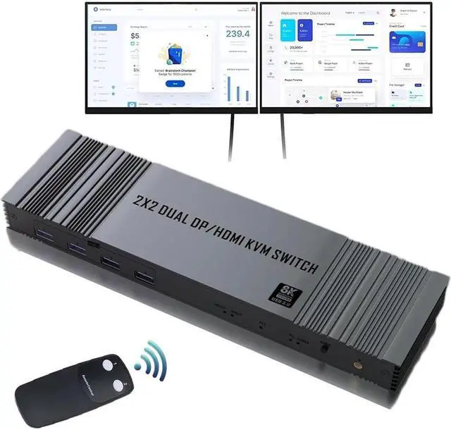 Jansicotek 4K 120Hz HDMI+DP Exclusive KVM Switch 2 Computers share 2 Monitors and 4 USB 3.0 Hub 8K 60Hz HD2.1 DP1.4 Dual Monitor KVM Switch Plug and Play