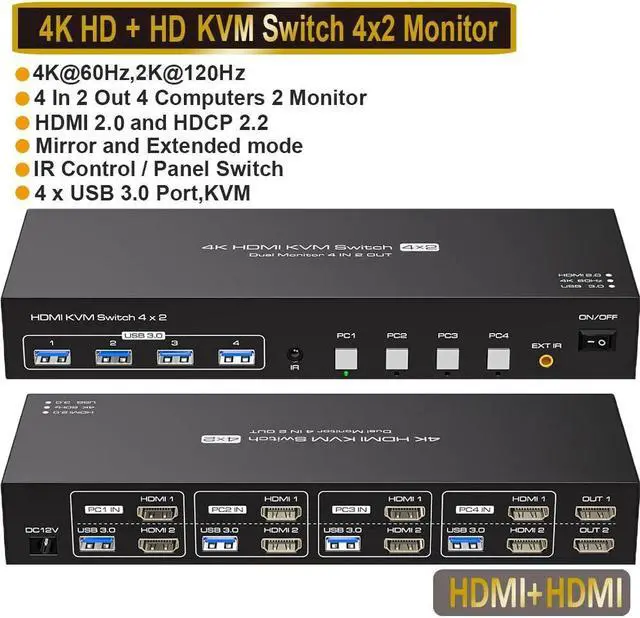 Jansicotek 4K 2xHDMI KVM Switch 2 Monitors 4 Computers 4K 60Hz Support Extended & Duplicate Mode with 4 USB 3.0 Hub 4K HDMI+HDMI+USB KVM Switches Plug and Play