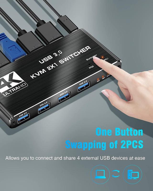 Jansicotek 4K HDMI2.0 KVM Switch 2 In 1 Out For 2PC Share 1 Monitor And 4USB3.0 Port 4K 60Hz Support HDMI2.0b HDCP2.2 YUV:4:4:4 One-button Switch