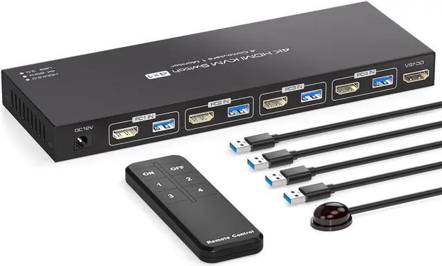 Jansicotek 4X1 HDMI KVM Switch 1 Monitor 4 Computers4 Port HDMI kvmusb3.0 4 Computers Sharing 1 Monitor HDMI 2.0 4K 60Hz 2K 120Hz with Wired Controller
