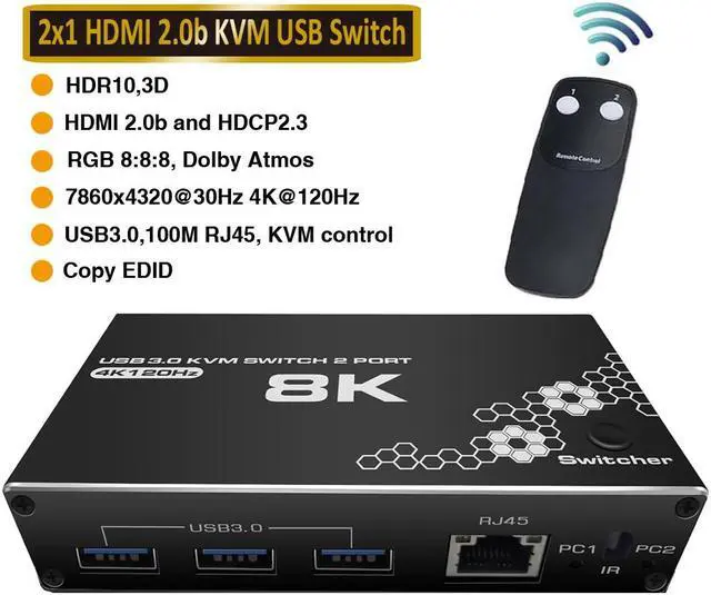 Jansicotek 8K 30Hz KVM Network Switch HDMI + USB 4K 20Hz 2 in 1 Out KVM Switch 1 Monitors 2 Computers with 3USB3.0 Ports and RJ45 Network Port Output PC Monitor Keyboard Mouse Switcher