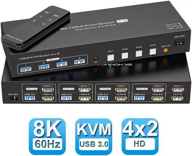 Jansicotek 8K HDMI KVM Switch 2 Monitors 4 Computers 8K 60Hz Support Extended & Duplicate Mode with 4 USB 3.0 Hub 8K 60Hz HDMI 2 Port HDMI KVM Switches Plug and Play