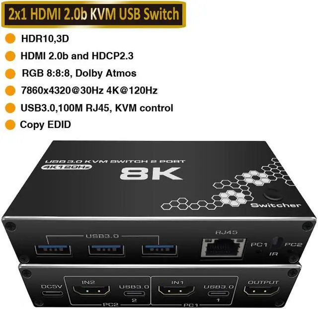 Jansicotek 8K USB HDMI KVM Switch 2 in 1 Out 8K 30Hz 4K 120Hz 2 PC to 1 Monitor with 3USB3.0 Ports and One RJ45 Network Ports for Sharing Keyboard Mouse U Disk