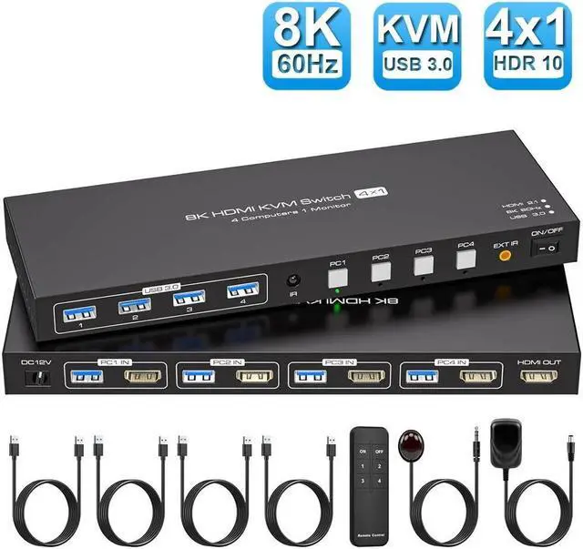 Jansicotek HDMI KVM Switch 1 Monitor 4 Computers4 Port HDMI kvmusb3.0 4 Computers Sharing 1 Monitor HDMI 2.1 8K 60Hz 4K 60Hz 4K 144Hz 4K 175Hz with Wired Controller