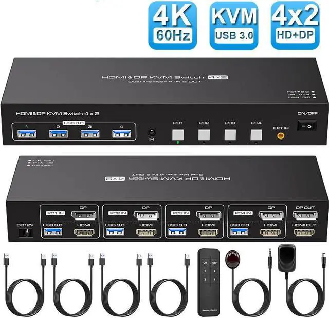 Jansicotek KVM Switch 2 Monitors 4 Computers [HDMI+DisplayPort +USB] 4K 60Hz Dual Monitor HDMI DP KVM Switch for Extended & Duplicate Mode and USB3.0 Hub