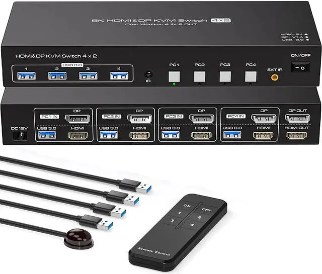 Jansicotek KVM Switch 2 Monitors 4 Computers [HDMI+DisplayPort +USB] 8K 60Hz Dual Monitor HDMI DP KVM Switch for Extended & Duplicate Mode and USB3.0 Hub