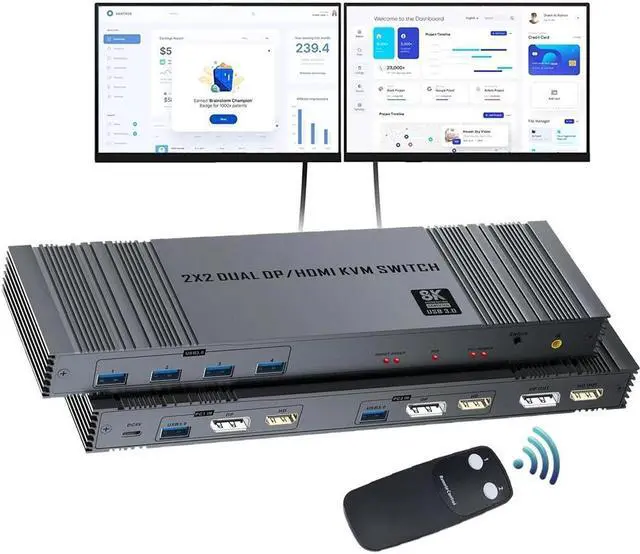 Jansicotek USB 3.0 HDMI + DP KVM Switch 2 Monitors 2 Computers 8K 60Hz 4K 120Hz Dual Monitor KVM Switch for 2 Computers Share 2 Displays and 4 USB 3.0 Ports