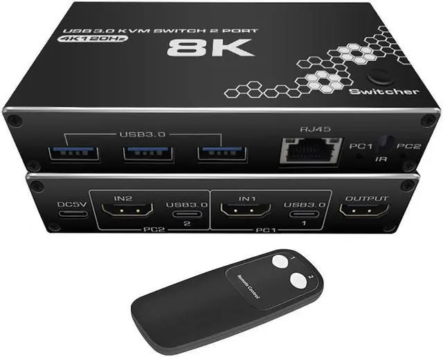 Jansicotek USB HDMI LAN KVM Switch 2 in 1 Out 4K 120Hz HDMI USB KVM Switch with 2 PCs Share 1 Monitors 3*USB3.0 and 1*RJ45 Hubs Compatible with Windows and Mac OS X