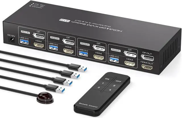 Jansicotek USB3.0 HDMI+DisplayPort KVM Switch Dual Monitor 4K 60Hz 2K 120Hz USB HDMI DP Extended Display Switcher for 4 Computers 2 Monitors and 4 USB 3.0 Ports Support Extended & Duplicate Mode
