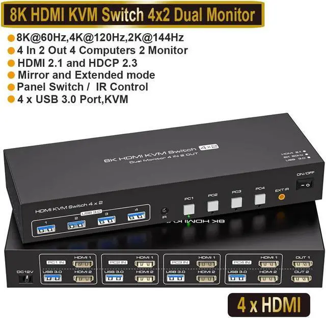 Jansicotek USB3.0 HDMI KVM Switch Dual Monitor 8K 60Hz 2K 120Hz USB HDMI Extended Display Switcher for 4 Computers 2 Monitors and 4 USB 3.0 Ports Support Extended & Duplicate Mode