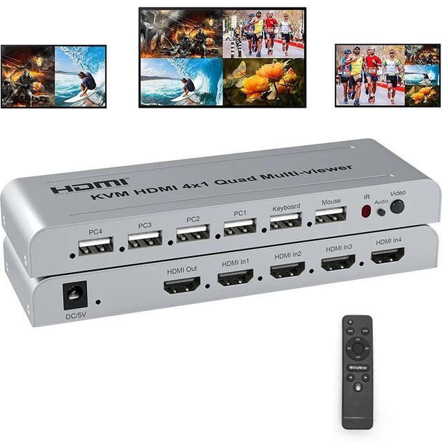 KVM HDMI 4X1 Quad Multi Viewer Switch 4 In 1 Out Vedio Processor Screen Multiviewer Seamless 1080P Supports USB Keyboard Mouse(With US Plug)