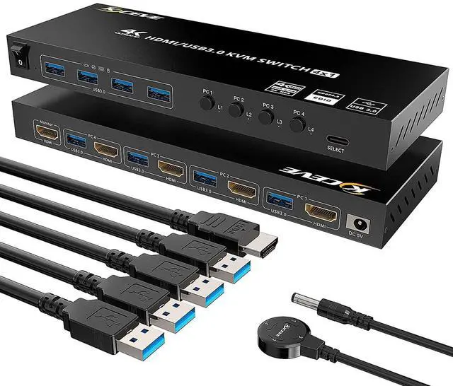 KVM HDMI Switch 4 Ports USB 3.0 KVM Selector Box with EDID Emulator Support 4K 60Hz Resolution for 4 Computers Share Mouse Keyboard and Monitor